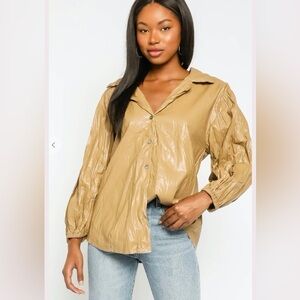 NWT Olivaceous Faux Crinkle Leather Button Front Shirt Camel SZ S